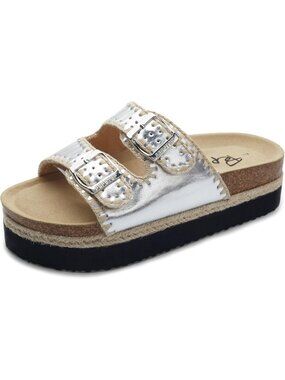 Women's Silver Soft Cork Foot bed and Strap Ladies Fashion Platform Slide